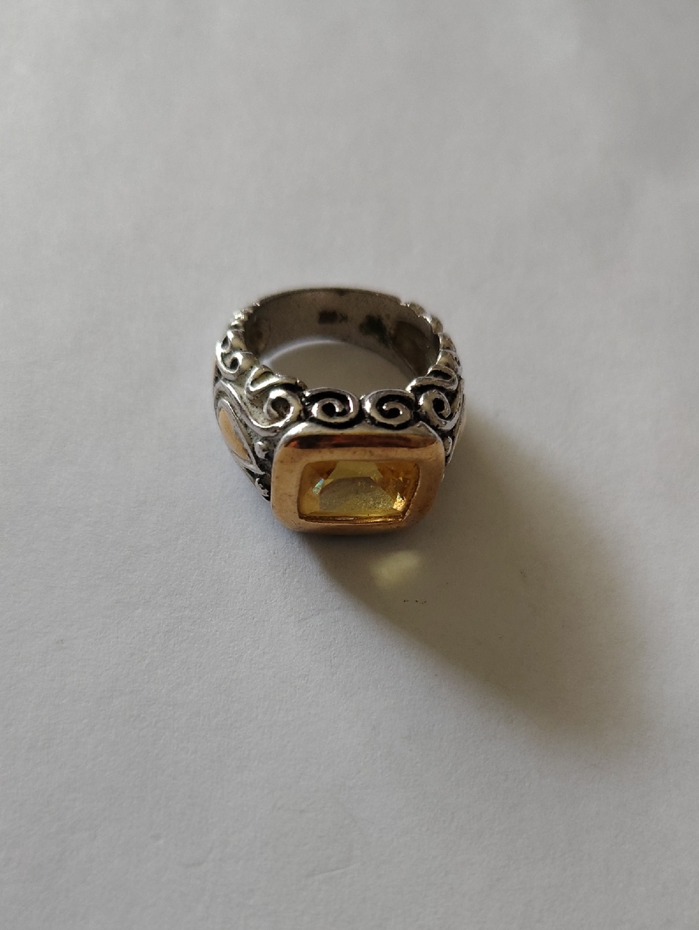 Sterling Scrollwork Ring with Yellow Gemstone Accent